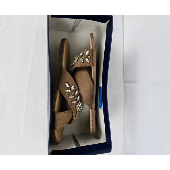 Adrienne Vittadini Sandals 7.5 Tan Brown Jewel Embellished Slide Shoes NWT - Picture 4 of 5